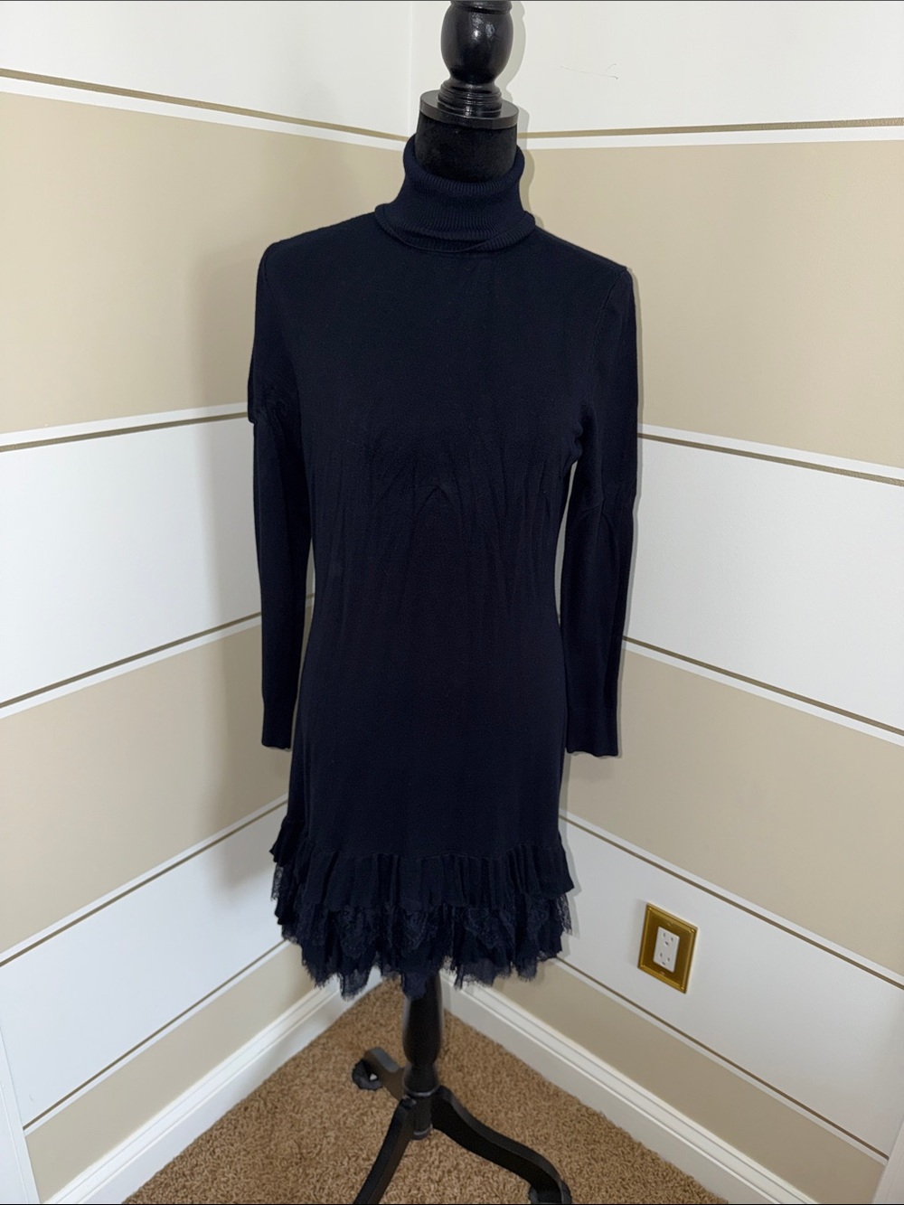 VENUS Black Turtleneck Long-Sleeve Dress with Lace Tiered Hem